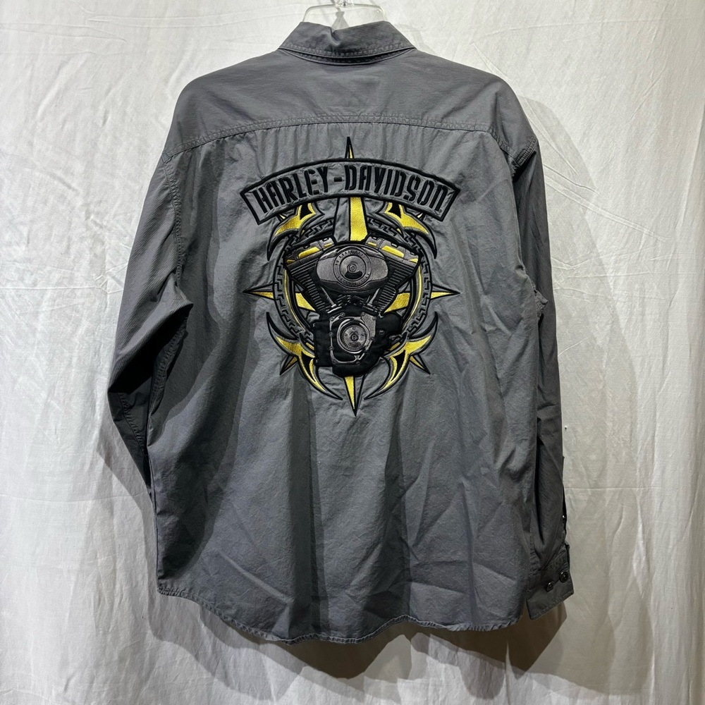 Harley Davidson Gray Embroidered Pocket Snap Button Down Biker Shirt Sz L